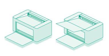 Isometric yazıcı. Vektör çizimi. Özet nesne.