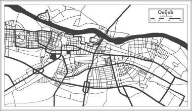Osijek Hırvatistan Şehir Haritası Retro Stili Siyah ve Beyaz Renkli. Taslak Harita. Vektör İllüstrasyonu.