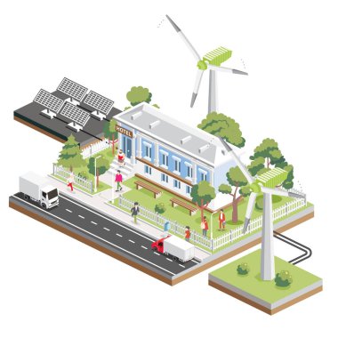 Sütunları olan klasik tarzda bir otel. Güneş panelleri ve rüzgar türbinleri. Küçük bir otel binası cephesi. Vektör çizimi. Ağaçlar ve banklar. Ekoloji korunumu. Sürdürülebilir enerji.