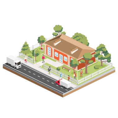İçinde insanlar, yollar ve ağaçlar olan Isometric bir apartman. Simge ya da bilgi ögesi. Vektör çizimi. Şehir merkezi. Beyaz arka planda izole edilmiş mimari sembol. 3B nesne.
