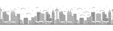 Ana hatları Calgary Canada City Skyline olan kusursuz bir model ve Modern Binalar beyaza izole edilmiş. Vektör İllüstrasyonu. Simgeli Calgary Şehir Manzarası. 
