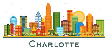 Charlotte North Carolina City Skyline Renk Binaları beyaza izole edilmiş. Vektör İllüstrasyonu. Modern Mimariyle İş Seyahatleri ve Turizm Konsepti. Yer İmleriyle Charlotte Şehir Manzarası.