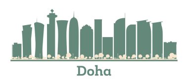 Soyut Doha Katar şehir silueti renkli gökdelenleri var. Vektör çizimi. Doha şehir simgeleriyle.