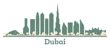 Soyut Dubai UAE şehir silueti renkli gökdelenleri var. Vektör çizimi. Dubai şehir simgeleriyle.