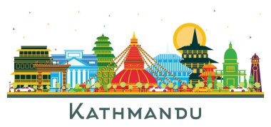 Kathmandu Nepal Şehri Skyline ve renkli binalar beyaza izole edilmiş. Vektör İllüstrasyonu. Tarihi Mimariyle İş Seyahati ve Turizm Konsepti. Tarihi Simgeli Katmandu Şehir Manzarası.
