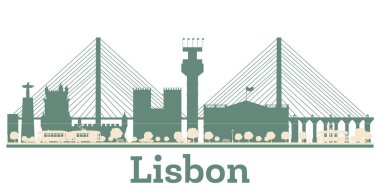 Soyut Lizbon Portekiz silueti renkli binalarla silueti. Vektör çizimi. Lizbon şehir simgeleriyle.