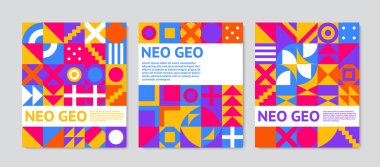 Neo Geo posterleri. Geometrik şekilli modern soyut arkaplan. Geometri şebekesi. Vektör illüstrasyonu.