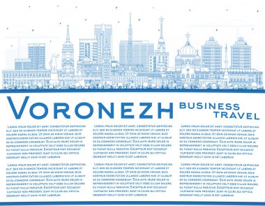 Voronezh Rusya şehrinin ana hatları mavi binalar ve kopyalama alanlarıyla çizilmiş. Vektör çizimi. Voronezh şehir simgeleriyle dolu. Modern ve tarihi mimariyle seyahat ve turizm kavramı.