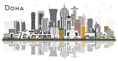 Renk Binaları ve Beyaz 'a izole edilmiş yansımaları olan Doha Katar Şehri Skyline. Vektör İllüstrasyonu. Modern Mimariyle İş Seyahatleri ve Turizm Konsepti. Tarihi Simgeli Doha Şehir Manzarası.
