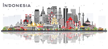 Endonezya şehirleri, beyaza izole edilmiş gri binalar ile gökyüzü. Vektör İllüstrasyonu. Tarihi Mimariyle Turizm Konsepti. Tarihi Simgelerle Endonezya Şehir Manzarası. Jakarta. Surabaya. Bekasi. Bant gübresi.