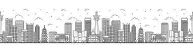 Osaka Japon Şehri Skyline hatlarıyla kusursuz bir model ve modern binalar beyaza izole edilmiş. Vektör İllüstrasyonu. Tarihi İşaretli Osaka Şehri.