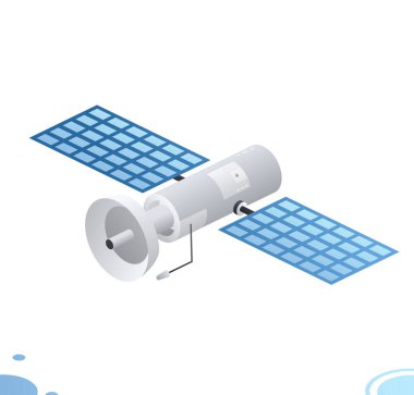 Beyaz üzerine izole edilmiş antenli Isome iletişim uydusu. Vektör çizimi. Kablosuz teknoloji.