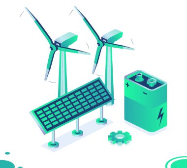 Isometric iki rüzgar santrali, güneş paneli ve beyaz arka planda izole edilmiş 9V batarya. Temiz yeşil enerjinin nesli. Rüzgar türbinleri. Vektör çizimi. Dokuz volt pil..