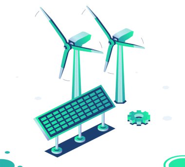 Isometric iki rüzgar santrali ve güneş paneli beyaz arka planda izole edildi. Temiz yeşil enerjinin nesli. Rüzgar türbinleri. Nesneler. Vektör illüstrasyonu.