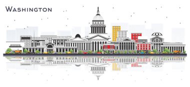 Washington DC USA City Skyline 'da Gri Binalar ve Beyaz' a izole edilmiş yansımalar. Vektör İllüstrasyonu. Tarihi Binalarla Seyahat ve Turizm Konsepti. Tarihi Simgelerle Washington DC Şehri.