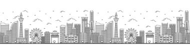 Özeti Yokohama Japon Şehri Skyline olan kusursuz bir model ve beyaza izole edilmiş Modern Binalar. Vektör İllüstrasyonu. Tarihi işaretli Yokohama Şehir Manzarası.