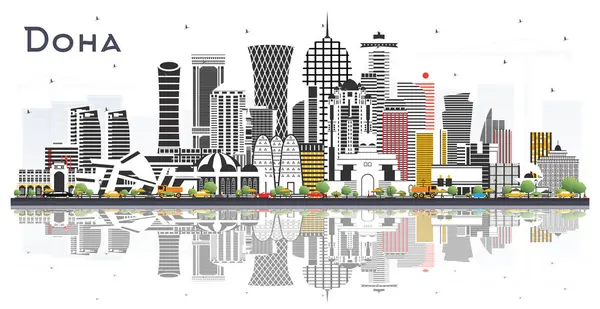 Renk Binaları ve Beyaz 'a izole edilmiş yansımaları olan Doha Katar Şehri Skyline. Vektör İllüstrasyonu. Modern Mimariyle İş Seyahatleri ve Turizm Konsepti. Tarihi Simgeli Doha Şehir Manzarası.
