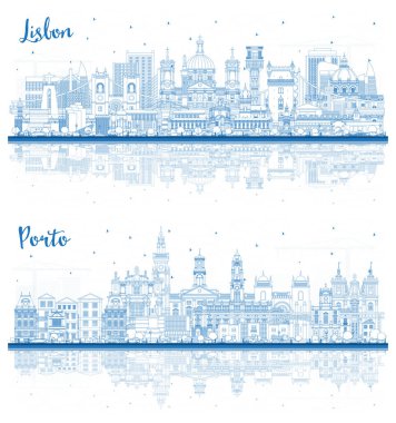 Porto ve Lizbon 'un ana hatları mavi binalar ve yansımalarla çevrili. Şehir simgeleriyle dolu. Tarihi mimariyle iş seyahati ve turizm kavramı.