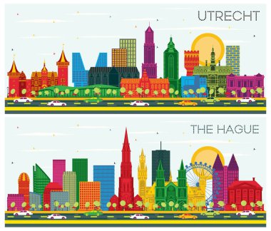 Lahey ve Utrecht Hollanda City Skyline Renkli Binalar ve Mavi Gökyüzü ile kurulmuştur. Yer İmlerine sahip şehir manzarası.