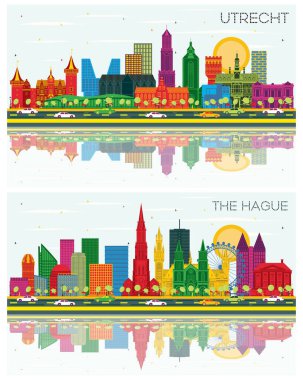 Lahey ve Utrecht Hollanda City Skyline Renkli Binalar, Mavi Gökyüzü ve Yansımalar ile kurulmuştur. Yer İmlerine sahip şehir manzarası.