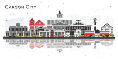 Carson City Nevada City Skyline Renkli Binalar ve Beyaz 'a izole edilmiş yansımalar. Modern Mimariyle İş Seyahatleri ve Turizm Konsepti. Carson City Şehir Manzarası.