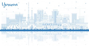 Mavi binalı Yerevan Ermenistan Şehri Skyline 'ında kusursuz desen. Vektör İllüstrasyonu. Tarihi Simgeli Erivan Şehri. Tarihi Mimariyle İş Seyahati ve Turizm Konsepti.