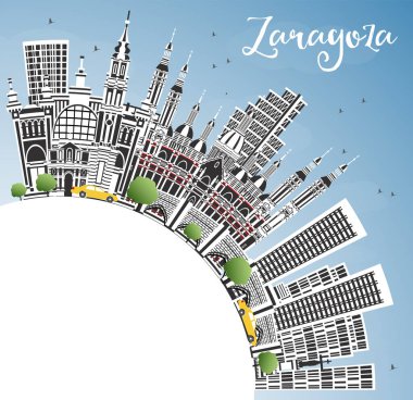 Zaragoza İspanya Şehri Renkli Binalar, Mavi Gökyüzü ve Kopya Uzayı ile Skyline. Vektör İllüstrasyonu. Şehir simgeleriyle Zaragoza şehri. Tarihi Mimariyle İş Seyahati ve Turizm Konsepti.