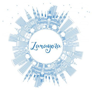 Ana hatları Zaragoza İspanya City Skyline ile Blue Buildings ve Copy Space. Vektör İllüstrasyonu. Şehir simgeleriyle Zaragoza şehri. Tarihi Mimariyle İş Seyahati ve Turizm Konsepti.