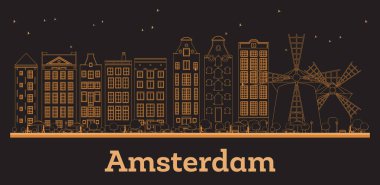 Amsterdam Holland Republic City Skyline 'ın ana hatlarıyla turuncu binalar. Vektör İllüstrasyonu. Modern Mimariyle İş Seyahati ve Kavram. Amsterdam Şehir Manzarası Simgeleri.