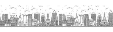 Bangkok Thailand City Skyline 'ın ana hatlarıyla kusursuz bir model. Modern ve tarihi binalar beyaza izole edilmiş. Vektör İllüstrasyonu. Tarihi Simgeli Bangkok Şehri.