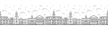 Outline Dover Delaware City Skyline ile kusursuz bir düzen. Tarihi Binalar beyaza izole edilmiş. Vektör İllüstrasyonu. Tarihi Simgelerle Dover ABD Şehri.