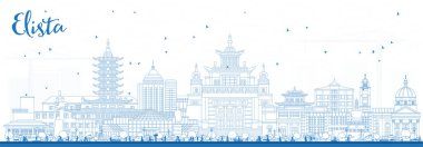 Elista Rusya 'nın ana hatları mavi binalarla çizilmiş. Vektör çizimi. Elista şehir simgeleriyle dolu. Modern ve tarihi mimariyle iş seyahati ve turizm kavramı.