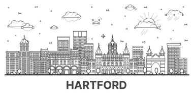 Hartford Connecticut şehir silueti modern ve tarihi binalar beyaza izole edilmiş. Vektör çizimi. Hartford ABD şehir simgeleriyle.