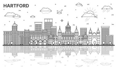 Hartford Connecticut şehir silueti modern ve tarihi binalar beyaza izole edilmiş. Vektör çizimi. Hartford ABD şehir manzarası tarihi işaretler ve yansımalarla.