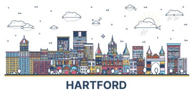 Hartford Connecticut şehir silueti, beyaza izole edilmiş renkli modern ve tarihi binalar. Vektör çizimi. Hartford ABD şehir simgeleriyle.