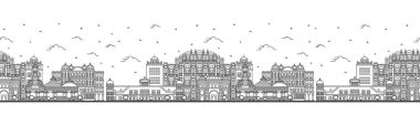 Outline Jaipur India City Skyline ile kusursuz desen. Tarihi Binalar beyaza izole edilmiş. Vektör İllüstrasyonu. Tarihi Simgeli Jaipur Kenti.