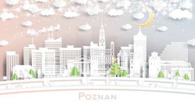 Poznan Polonya. Kar taneleri, ay ve neon çelenklerle kağıt kesiği şeklinde ufuk çizgisi. Noel ve yeni yıl konsepti. Noel Baba kızakta. Poznan şehir simgeleriyle.