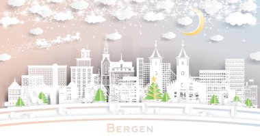 Bergen Norveç. Kar taneleri, ay ve neon çelenklerle kağıt kesiği şeklinde ufuk çizgisi. Noel ve yeni yıl konsepti. Noel Baba kızakta. Bergen şehir simgeleriyle.