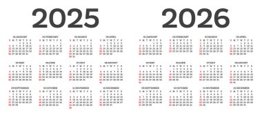 Takvim şablonu 2025 2026 beyaz arka planda izole edildi. Hafta pazar gününden itibaren başlıyor. Vektör illüstrasyonu.