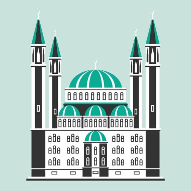 Yeşil arka plandaki Müslüman camii. Vektör çizimi. Simge.