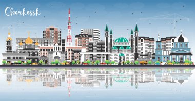 Çerkessk Rusya şehir silueti renkli binalar, mavi gökyüzü ve yansımalarla. Vektör çizimi. Cherkessk şehir simgeleriyle dolu. Modern ve tarihi mimariyle seyahat ve turizm kavramı.