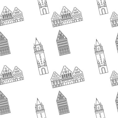 Geleneksel Alman binaları ve eski kuleyle kusursuz bir düzen. Vektör çizimi. Mimari beyaz arkaplanda izole edildi.