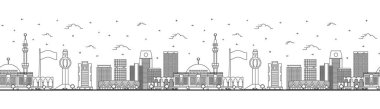 Jeddah Suudi Arabistan şehrinin modern ve tarihi binaları beyaza izole edilmiş silueti ile kusursuz bir düzen. Vektör İllüstrasyonu. Simgeli Jeddah Şehir Manzarası.
