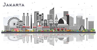 Cakarta Endonezya Şehri Skyline, Gri Binalar ve Beyaz 'a izole edilmiş yansımalar. Vektör İllüstrasyonu. Tarihi ve Modern Mimariyle Turizm Konsepti. Tarihi yerleri olan Jakarta Şehir Manzarası.