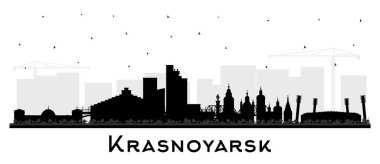 Krasnoyarsk Rusya şehir silueti, beyaz üzerine izole edilmiş siyah binalar. Vektör çizimi. Krasnoyarsk şehir simgeleriyle dolu. Modern ve tarihi mimariyle turizm kavramı.