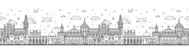 Outline Seville İspanya City Skyline ile kusursuz bir düzen. Tarihi Binalar beyaza izole edilmiş. Vektör İllüstrasyonu. Tarihi Simgeli Sevilla Şehir Manzarası.