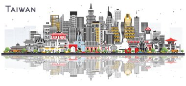 Tayvan Şehri Skyline 'ı. Gri Binalar Beyaz' da izole edilmiş. Vektör İllüstrasyonu. Tarihi Mimariyle Turizm Konsepti. Tarihi işaretli Tayvan şehri manzarası. Taipei 'de. Kaohsiung. Taichung. Tainan..