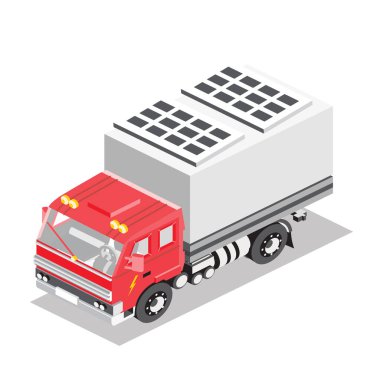 Çatıda güneş panelleri olan Isome dağıtım kamyonu. Otomobil yenilenebilir güneş enerjisiyle çalışıyor. Fotovoltaik elementleri olan elektrikli bir araç. Kırmızı hibrit kamyon. Vektör çizimi. Beyaz arkaplan.