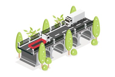 Düz kamyonlu Isome çizgili köprü. Vektör çizimi. Yol simgesi. Şehir altyapısı. Otoyol köprüsü. Ağaçlar sıraya dizildi. Köprüde giden arabalar.