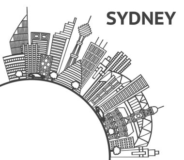 Sydney Australia City Skyline 'ın ana hatları Modern Binalar ve White' ta izole edilmiş kopya alanı. Vektör İllüstrasyonu. Simgeli Sydney Şehir Manzarası.